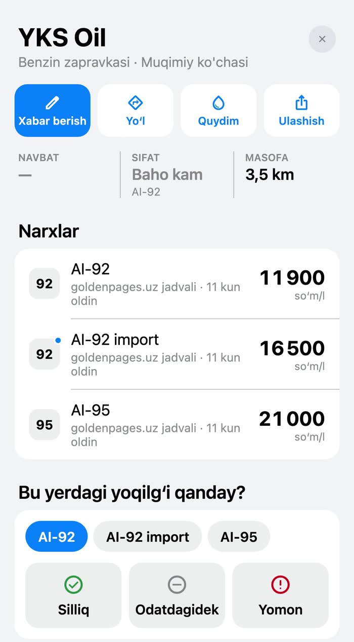 Zapravka kartochkasi: AI-92 va AI-95 narxlari goldenpages.uz jadvalidan, yonida yozilgan vaqti